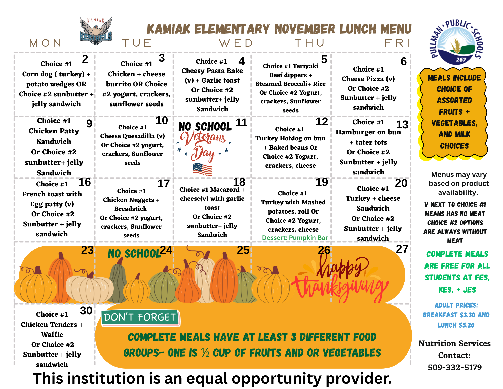 A printable school lunch calendar for the month of November, detailing daily meal options.